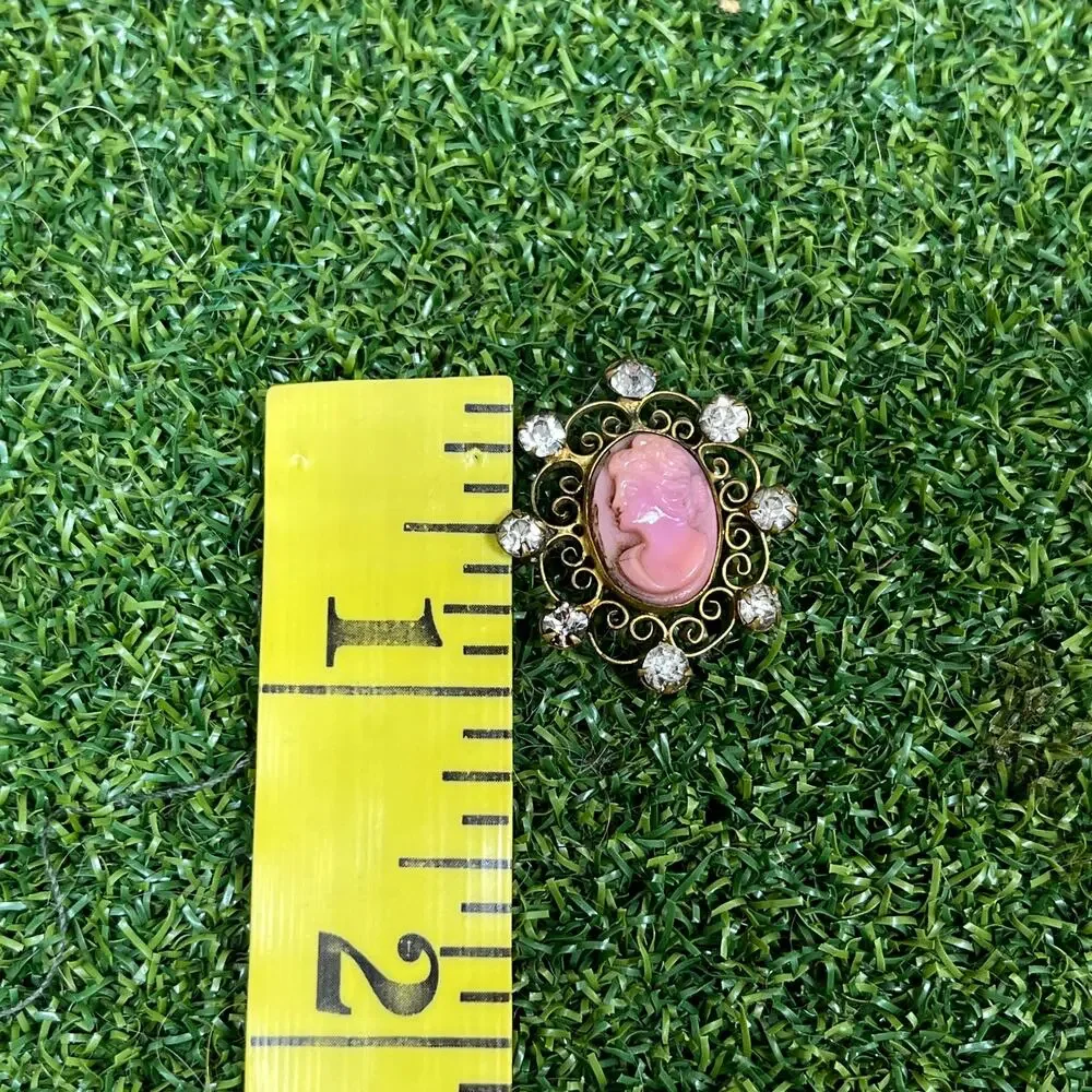 Vintage Gold Tone Pink Profile Portrait Cameo Filigree Brooch